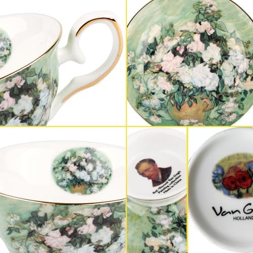 Floral Tea Cups Saucers Set of 2, Vangogh Paintings Bone China 7 oz British Teacups Porcelain Tea Cups Coffee for Rose Teacups Cappuccino Espresso Latte (White Roses & Flowers Vase) - Image 3