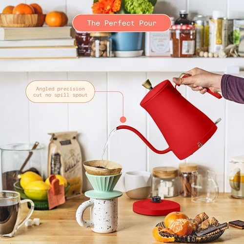 Electric Gooseneck Kettle 1 Liter 1200W Fast Boil with Precision Pour Spout, Stainless Steel Interior, Auto Shut-Off & 360° Swivel Base (Tomato Red) - Image 4