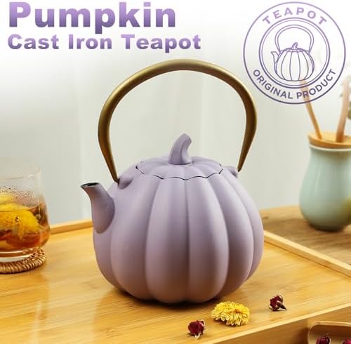 Pumpkin Cast Iron Teapot with Infuser - 40oz Japanese Iron Tea Kettle with Enamel Interior, Cute Halloween Teapot for Loose Tea & Coffee, Stainless Steel Filter, Stove Safe (Purple) - Image 2