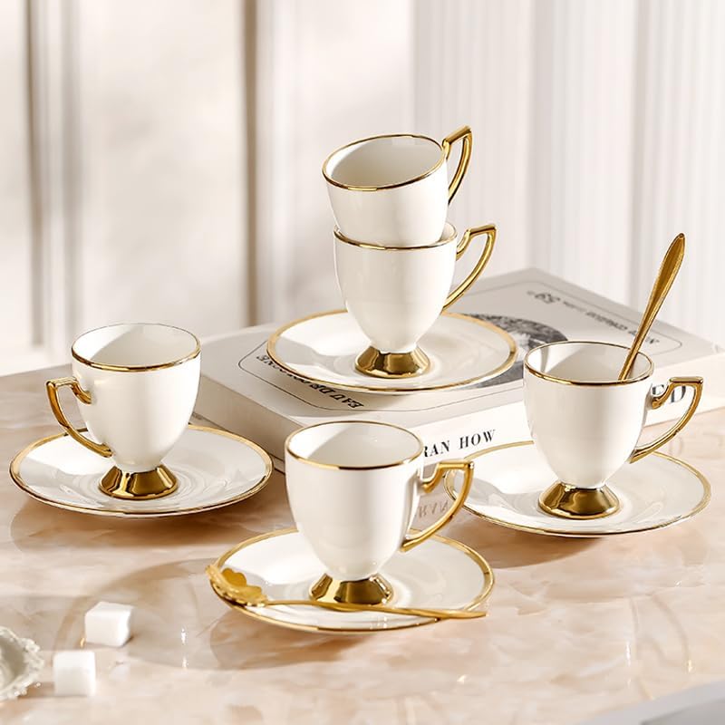Ceramic coffee cups and saucers, 6 cups 6 saucers 6 spoons, 18 pieces 3 ounce gold rim cup sets, teacup tea set sets, suitable for cappuccino, latte, mocha (Modern) - Image 2