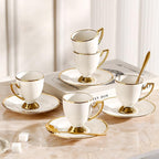 Ceramic coffee cups and saucers, 6 cups 6 saucers 6 spoons, 18 pieces 3 ounce gold rim cup sets, teacup tea set sets, suitable for cappuccino, latte, mocha (Modern) - Image 2