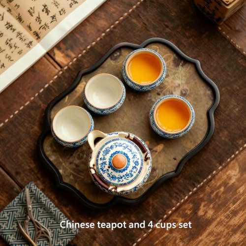 Blue and White Porcelain Tea Set, 8.5 oz Teapot with 4 Cups - Image 4