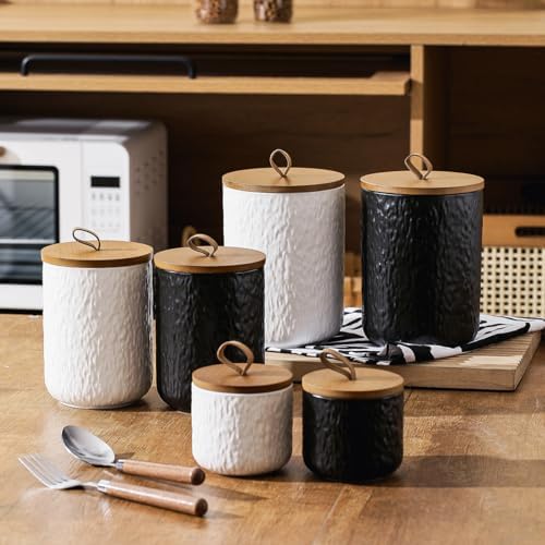 Black White Ceramic Coffee Canister Tea Canister with Seal Wood Lid, Airtight Coffee Storage Container for Coffee Bean, Ground Coffee, Sugar, Cookie Candy jar (White three piece) - Image 5