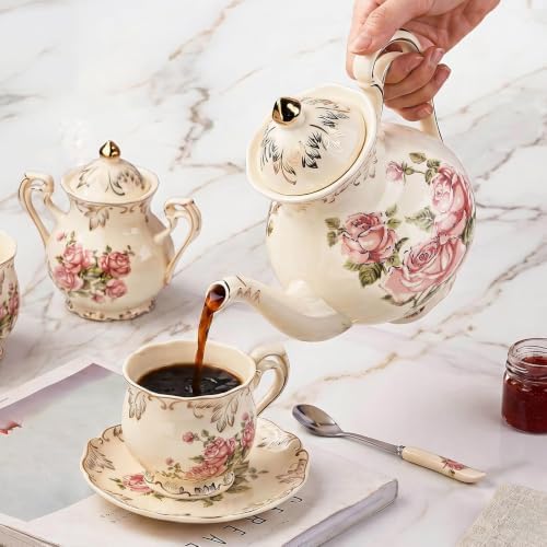 YOLIFE 22 Pcs Tea Sets for Adults, Porcelain Vintage Teaset (Pink Rose) - Image 6