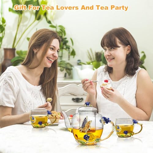 46oz/1300ml Enamel Glass Teapot With Rose Flower Butterfly And Gold Edge,Blue Rose Teapot With Infuser And Lid For Mom,Women,Mother,Birthday - Image 5