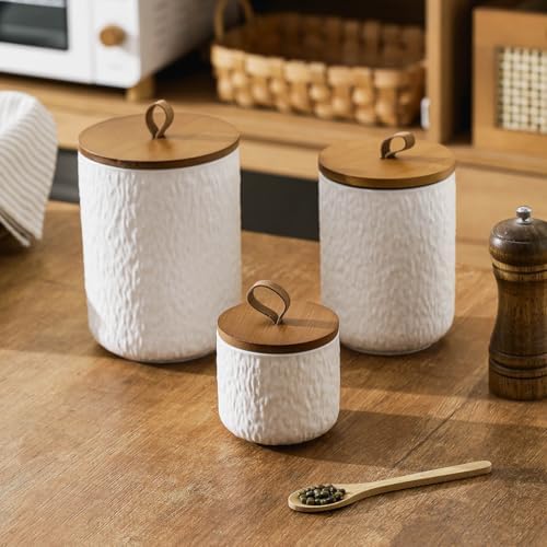 Black White Ceramic Coffee Canister Tea Canister with Seal Wood Lid, Airtight Coffee Storage Container for Coffee Bean, Ground Coffee, Sugar, Cookie Candy jar (White three piece) - Image 3