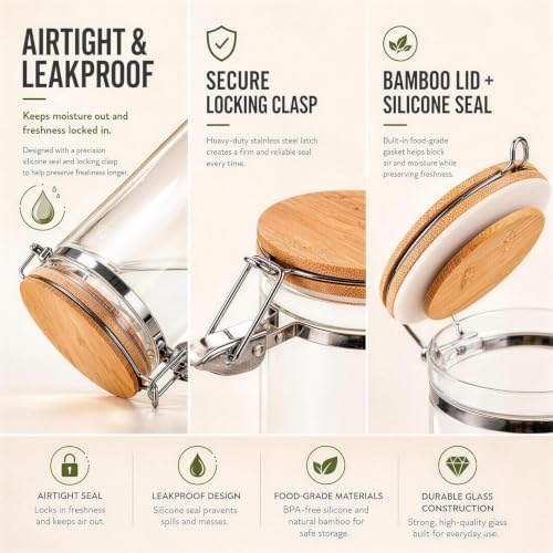 Glass Protein Powder Container Set, 40oz Airtight Collagen Storage Jars with Bamboo Lids & 1 TBSP Measuring Spoons (2 Pack) - Wide Mouth Aesthetic Countertop Dispenser Organizer for Kitchen - Image 3