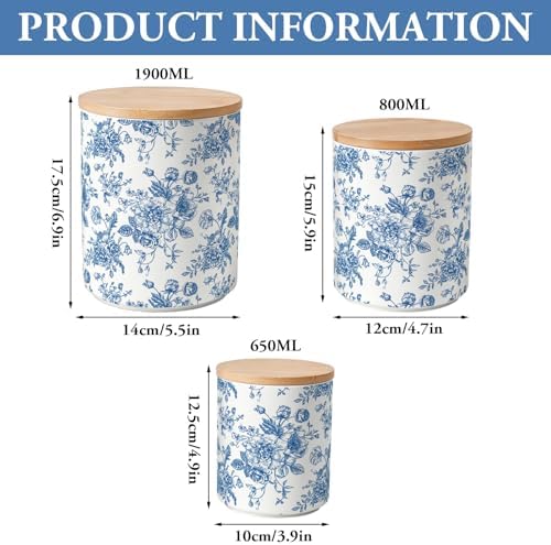 AnyDesign Chinoiserie Floral Ceramic Kitchen Canisters Sets Vintage Blue Flower Clear Storage Jar with Airtight Lids for Home Kitchen Countertop Decor Flour Sugar Tea Spice Container, Set of 3 - Image 2