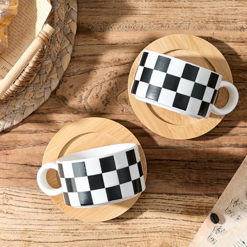 LUKA 6 Ounce Ceramic Stackable Black and White Checkered Espresso Cups with Saucers and Metal Stand Set of 4, Cappuccino Cups Set for Coffee Drinks, Latte, Cafe Mocha and Tea, White Interior - Image 5