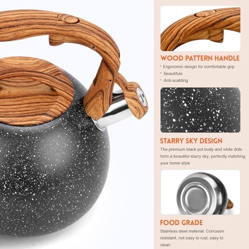 GGC Tea Kettle for Stove Top, Loud Whistling Kettle for Boiling Water Coffee or Milk, 3.1 Quart Heavy Stainless Steel Starry Black Kettle with Wood Pattern Handle, Unique Button Control Kettle Outlet - Image 2