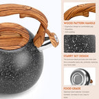 GGC Tea Kettle for Stove Top, Loud Whistling Kettle for Boiling Water Coffee or Milk, 3.1 Quart Heavy Stainless Steel Starry Black Kettle with Wood Pattern Handle, Unique Button Control Kettle Outlet - Image 2