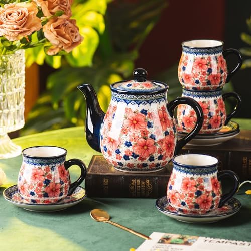 polish pottery style porcelain ceramic 10 piece Tea set,7.2oz tea cup and sauce set of 4,28.2oz teapot and 1wooden tray (Snow and Plum) - Image 6