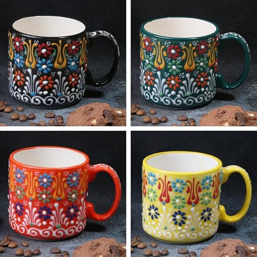 Handmade Espresso Cups, 12 oz Colorful Cups for Coffee Lovers, Coffee Cup Set of 4, Microwave & Dishwasher Safe Mug, Ceramic Coffee Cup with Holder - Image 6