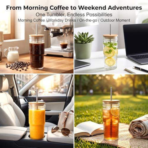 24 oz Glass Cups with Bamboo Lids and Straws,Glass Iced Coffee Tumbler - Image 5