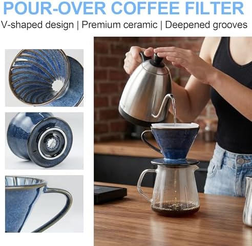 Reusable Ceramic Pour Over Coffee Dripper Porcelain Drip Coffee Maker with Hole Flat Bottom Ceramic Pour Over Maker for Office,Home,Travel,Camping (Green) - Image 3