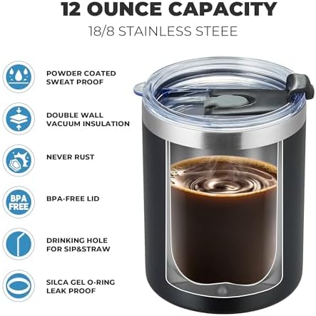 MEWAY 12 oz Lowball, Tumbler Stainless Steel Double Wall Vacuum Insulated Mug with Straw and Lid, Cleaning Brush ，Durable Powder Coated Insulated Coffee Cup for Cold & Hot Drinks (Black,4 pack) - Image 5