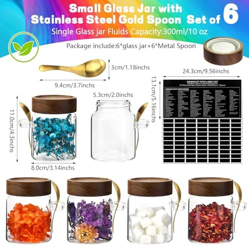 10 oz Small Glass Jar with Spoon and Airtight Wood Lids set of 6,Sugar Ground Herb Canister Round Food Storage Container for Spice Jams Coffee Pasta Candy Rice Loose Tea (300ml/10oz-6Pack) - Image 2