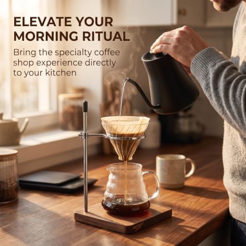 Pour Over Coffee Maker Stand with American Black Walnut Base, Stainless Steel Adjustable Dripper Holder, Wooden Brewing Station, Cone Brewer Rack, Barista Accessories & Kitchen Coffee Décor - Image 2