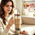 24oz Ribbed Glass Tumbler With Handle,4Pack Glass Cup with Lids and Straws,Reusable Glass Iced Coffee Cups With lids,Mason Jar Cup&Drinking Glasses for Smoothie,Shake,Juice,Soda Water,Tea,Travel - Image 2
