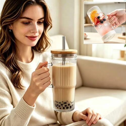 24oz Ribbed Glass Tumbler With Handle,4Pack Glass Cup with Lids and Straws,Reusable Glass Iced Coffee Cups With lids,Mason Jar Cup&Drinking Glasses for Smoothie,Shake,Juice,Soda Water,Tea,Travel - Image 2