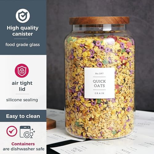 CZHQSMZ Set of 2 Large Glass Flour and Sugar Containers with 132 Pantry Labels - Glass Food Storage Jars with Airtight Bamboo Lid for Flour Pasta Candy Coffee Cookie and More(1 Gallon/4000 ml) - Image 4