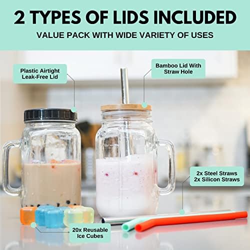 32 oz Wide Mouth Glass Drinking Jar with Handle | Iced Coffee Cup | Includes 2 Lids, 2 Silicone Straws, 2 Stainless Steel Straws, 20 Reusable Ice Cubes, Cleaning Brush & Recipe Book. - Image 2