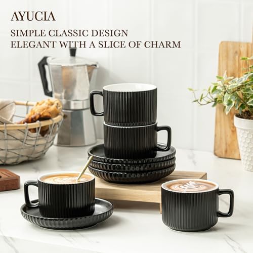 8 Ounce Cappuccino Cups Set of 4, Latte Mugs with Saucers and Spoons, Black Ceramic Coffee Mugs Tea Cups for Cappuccino Latte Mocha Au Lait Macchiato Cafe - Image 2
