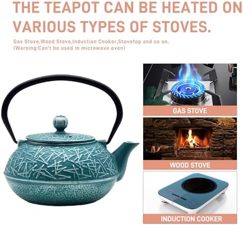 Cast Iron Tea Kettle,SECHUDO Teapot Coated with Enameled Interior for Loose Tea,Cast Iron Teapot with Stainless Steel Infuser for Stovetop Safe (30.4oz-Pattern-5) - Image 2