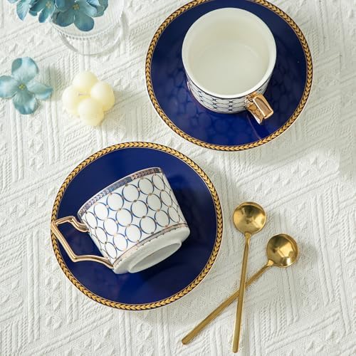 CwlwGO-Bone China Cups & Saucers Set 4, (7 oz) with Gold Spoon and Gifts Box, White Tea Cups Sets, Cappuccino Cups, Ceramic British Coffee Cup Set. - Image 3