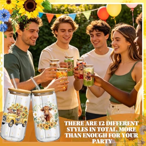 Teenyyou 12 Set of Glasses with Bamboo Lid and Glass Straw 16 oz(Highland Cow) - Image 5
