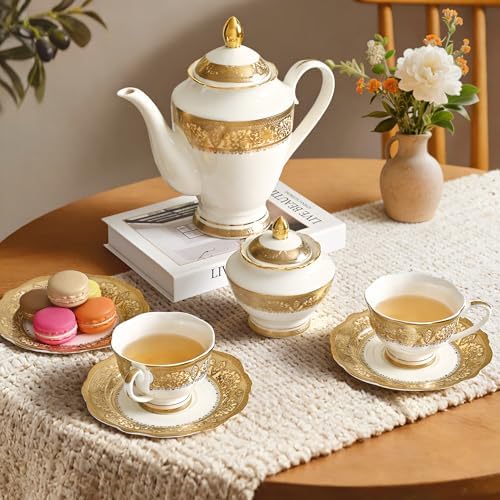 Luxury White & Gold Embossed Tea Cups and Saucers with Teapot, Sugar Bowl, & &Creamer, Vintage European Porcelain Coffee Set for Tea Party, Wedding, Gift (Gold Lace, 17pcs/set) - Image 3