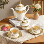 Luxury White & Gold Embossed Tea Cups and Saucers with Teapot, Sugar Bowl, & &Creamer, Vintage European Porcelain Coffee Set for Tea Party, Wedding, Gift (Gold Lace, 17pcs/set) - Image 3