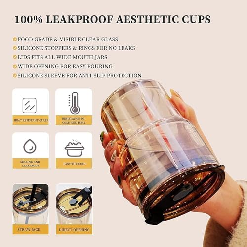 Glass Tumbler with Straw & Leather Sleeve – Reusable, Thick Borosilicate Glass Coffee Cup with Handle Grip | 400ml Iced Coffee Mug | with extra steel straw and straw cleaning brush - Image 2