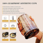 Glass Tumbler with Straw & Leather Sleeve – Reusable, Thick Borosilicate Glass Coffee Cup with Handle Grip | 400ml Iced Coffee Mug | with extra steel straw and straw cleaning brush - Image 2