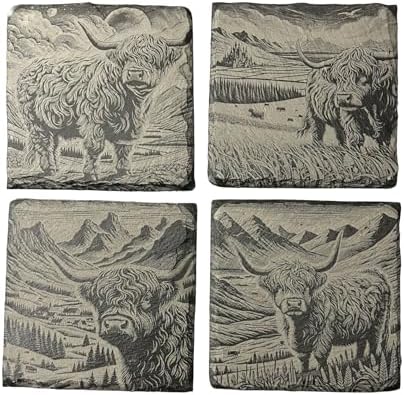 Slate Coasters Set of 4, Highland Cow Laser-Engraved Stone Coasters, 4x4 Inch Natural Black Slate Drink Coasters, Farmhouse Rustic Decor by Handmade