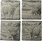 Slate Coasters Set of 4, Highland Cow Laser-Engraved Stone Coasters, 4x4 Inch Natural Black Slate Drink Coasters, Farmhouse Rustic Decor by Handmade