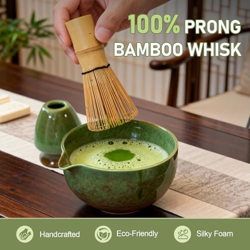 7-Piece Japanese Matcha Whisk Set - Ceramic Bowl, 100-Prong Wooden Chasen, Stainless Steel Sifter, Scoop, Whisk Holder, Tea Towel - Green, Size 24 - Image 5
