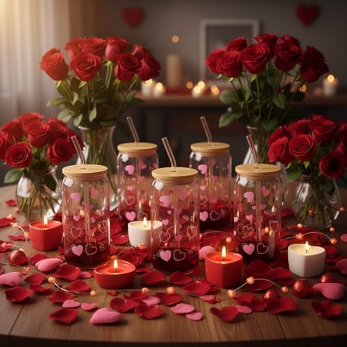 12 Pcs Valentine Gifts Glass Cups with Lids and Straws 16 oz Hearts Iced Coffee Cups Drinking Heart Women Ladies Wife Gift Valentines Day Galentines Party Supplies Wedding Birthday (Pink) - Image 5
