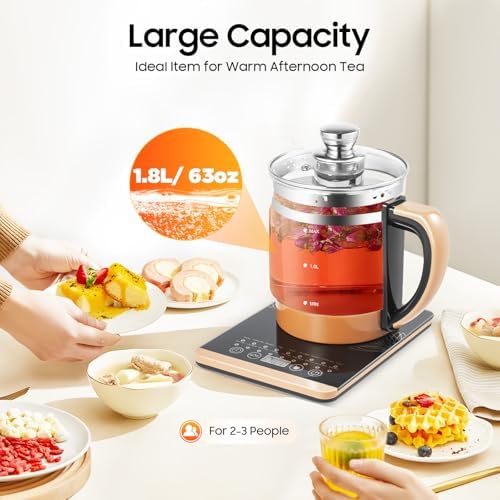 1.8L Electric Glass Kettle w/Temperature Control, 18 Preset Menus Tea Maker w/Infuser and Steamed Egg Holder, 800W Touch Screen Hot Water Boiler w/24H Timer Keep Warm for Tea, Coffee & Soup - Image 4