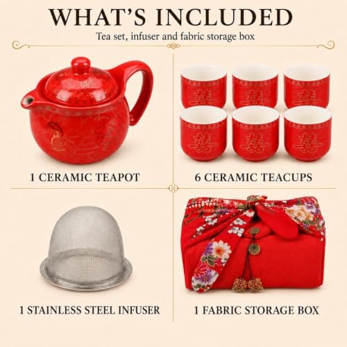 Chinese Tea Set Traditional Red Ceramic with Chinese Teapot and 6 Porcelain Teacups, Asian Gongfu Style Collection for Tea Ceremony, Chinese Wedding Gift with Fabric Box - Image 2