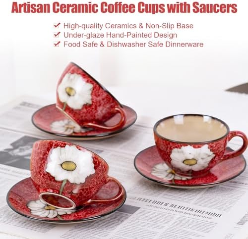 8 Oz Floral Porcelain Cappuccino Cups with Saucers Set of 4, Stoneware Tea Coffee Mugs for Home Kitchen & Office, Dishwasher Microwave Oven Safe, for Espresso, Latte, Americano, Milk & Tea, Red - Image 5