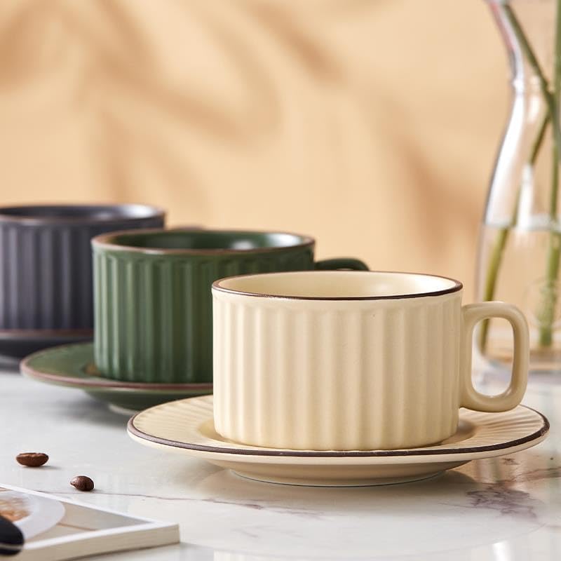 LOWYEPAULHO Cappuccino Cups with Saucers, 8 oz CeramicVertical Stripe Coffee Cup and Saucer set for Au Lait, Double shot, Latte, Cafe Mocha, Set of 4 - Image 6