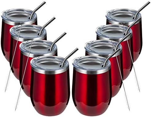 MEWAY 12oz/8 Pack Wine Tumbler Glasses with Lid - Stemless Double Wall Vacuum Stainless Steel Travel Tumbler - Keeping Cold & Hot for Wine,Coffee,Cocktails,Gifts (Burgundy,Set of 8) by MEWAY