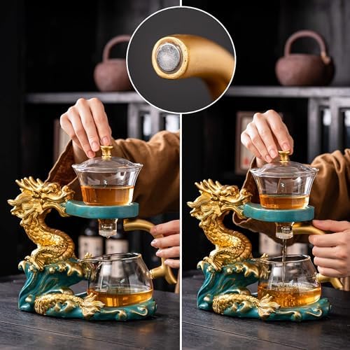 Zurucily Glass Teapot with Infuser Semi Automatic Tea Set Kungfu Teapot (Golden green dragon) - Image 2