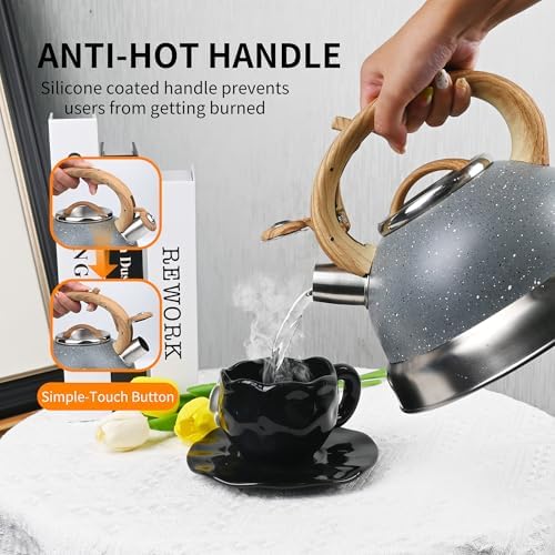 3 Quart Whistling Tea Kettle for Stovetop – Stainless Steel Teapot with Loud Whistle, Cool-Touch Wood Handle, Rust-Resistant Base & Natural Stone Finish (Gray) - Image 6