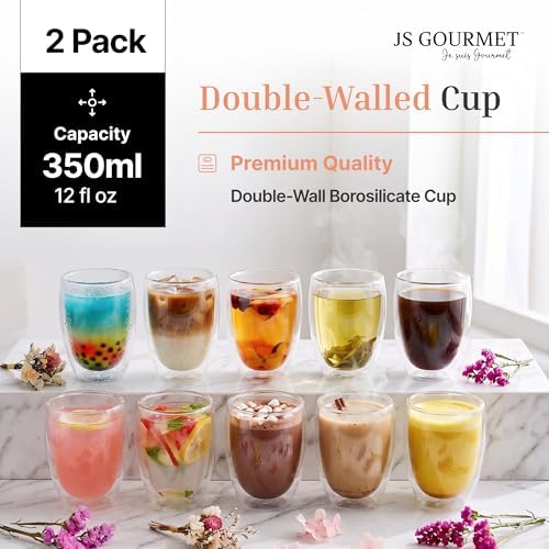 JS Gourmet Borosilicate Double Wall Glass Coffee Mugs - 12oz/350ml - 6 Pack - Image 2
