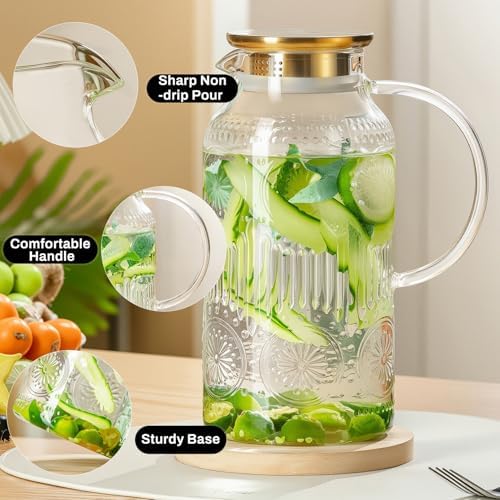 Buaic 2 PACK Glass Pitcher with Lid, 68 oz Vintage Water Carafe for Fridge - Image 3