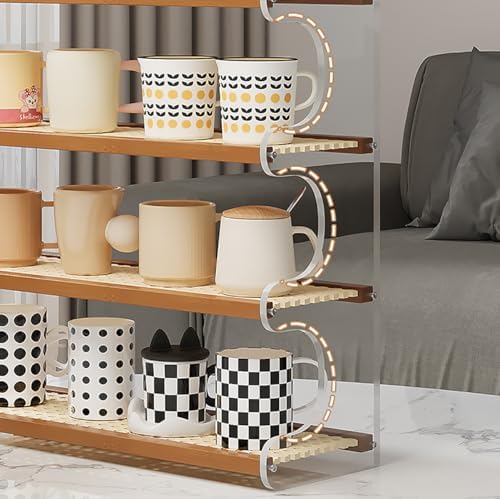 3-Tier Mug Holder Countertop,Wooden Rattan-Look Coffee Station Shelf, Cup Holder Mug Display Rack for Home Kitchen,White,19.29" - Image 4