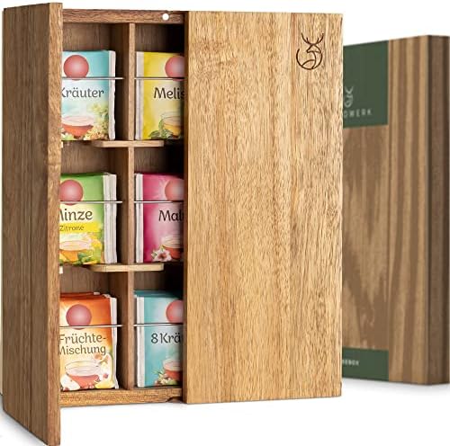 WALDWERK Tea Storage Organizer (9 Compartments) - Tea Organizer Made of Solid Acacia Wood - Tea Box with Wall Mounting Option - Tea Organizer and Storage - Tea Bag Holder - Plastic Free Tea Holder by WALDWERK