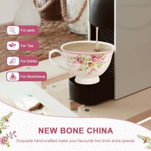 Cup and Saucer Sets of 6 with Spoon, 8oz Ceramic Tea Cups Saucers Set Porcelain New Bone China Floral Vintage Coffee Cup & Saucer Sets -Microwave Dishwasher Safe (Pink) - Image 3